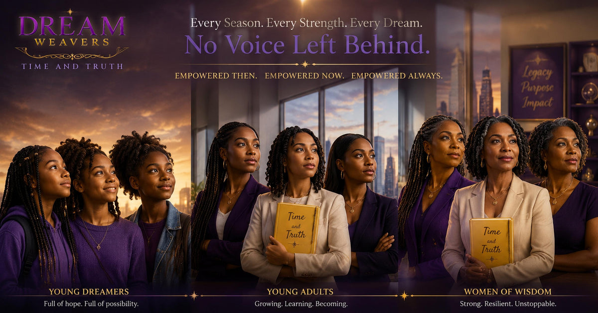 Dream Weavers, Time and Truth. Black women and girls at three stages of life looking upward: young dreamers, young adults, and women of wisdom.