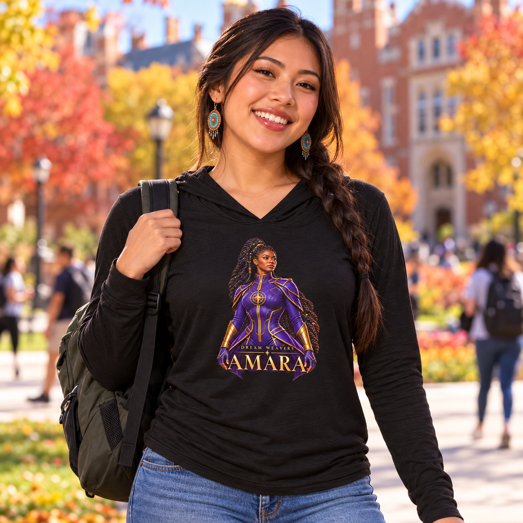 Young woman wearing the black Amara Dream Weavers lightweight hoodie on an autumn college campus