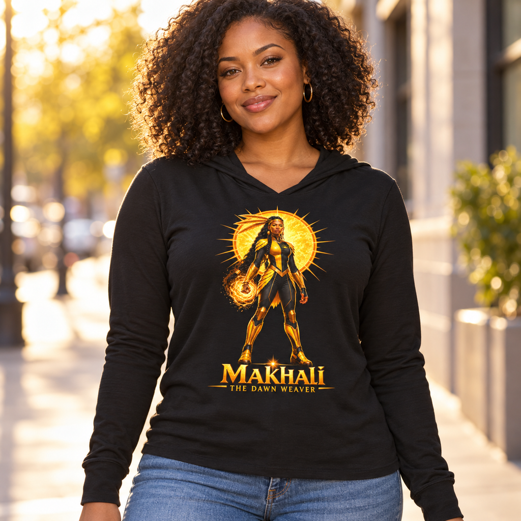 Woman wearing the black Makhali Dream Weavers lightweight hoodie on a sunny city sidewalk