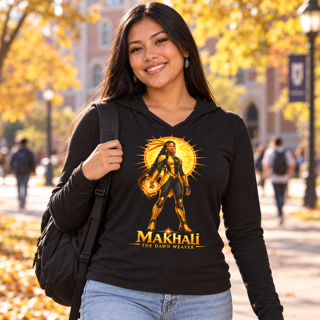 Young woman wearing the black Makhali Dream Weavers lightweight hoodie on a college campus in autumn