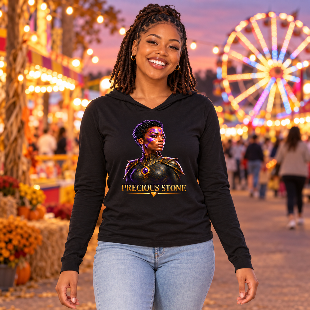 Precious Stone Dream Weavers lightweight hoodie in black, worn at a fall county fair