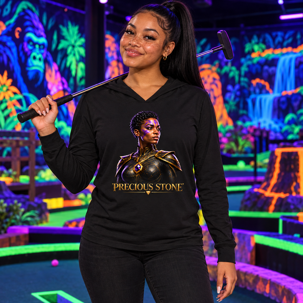 Precious Stone Dream Weavers lightweight hoodie in black, worn at a glow-in-the-dark mini golf course