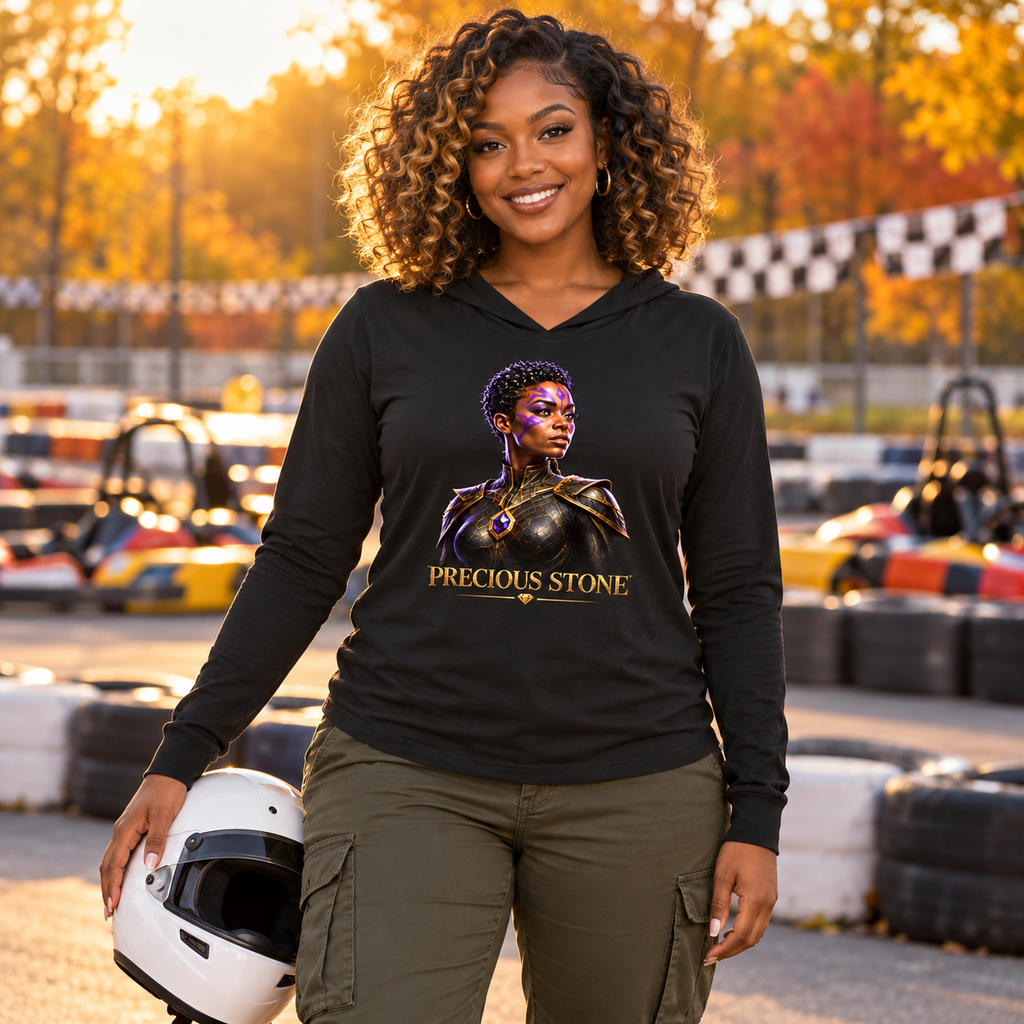 Precious Stone Dream Weavers lightweight hoodie in black, worn at a go-kart track