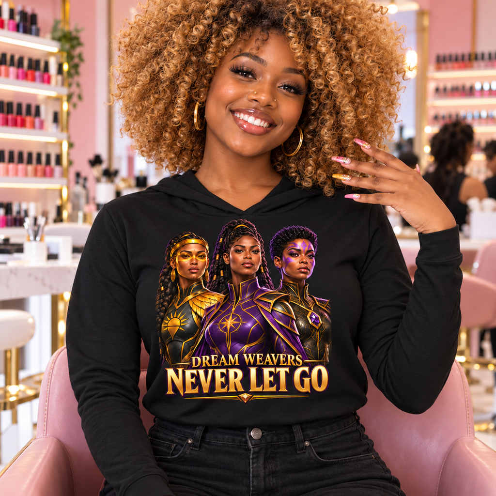 Never Let Go Dream Weavers trio lightweight hoodie in black, worn at a nail salon