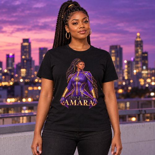 Young woman wearing the black Amara Dream Weavers graphic tee on a city rooftop