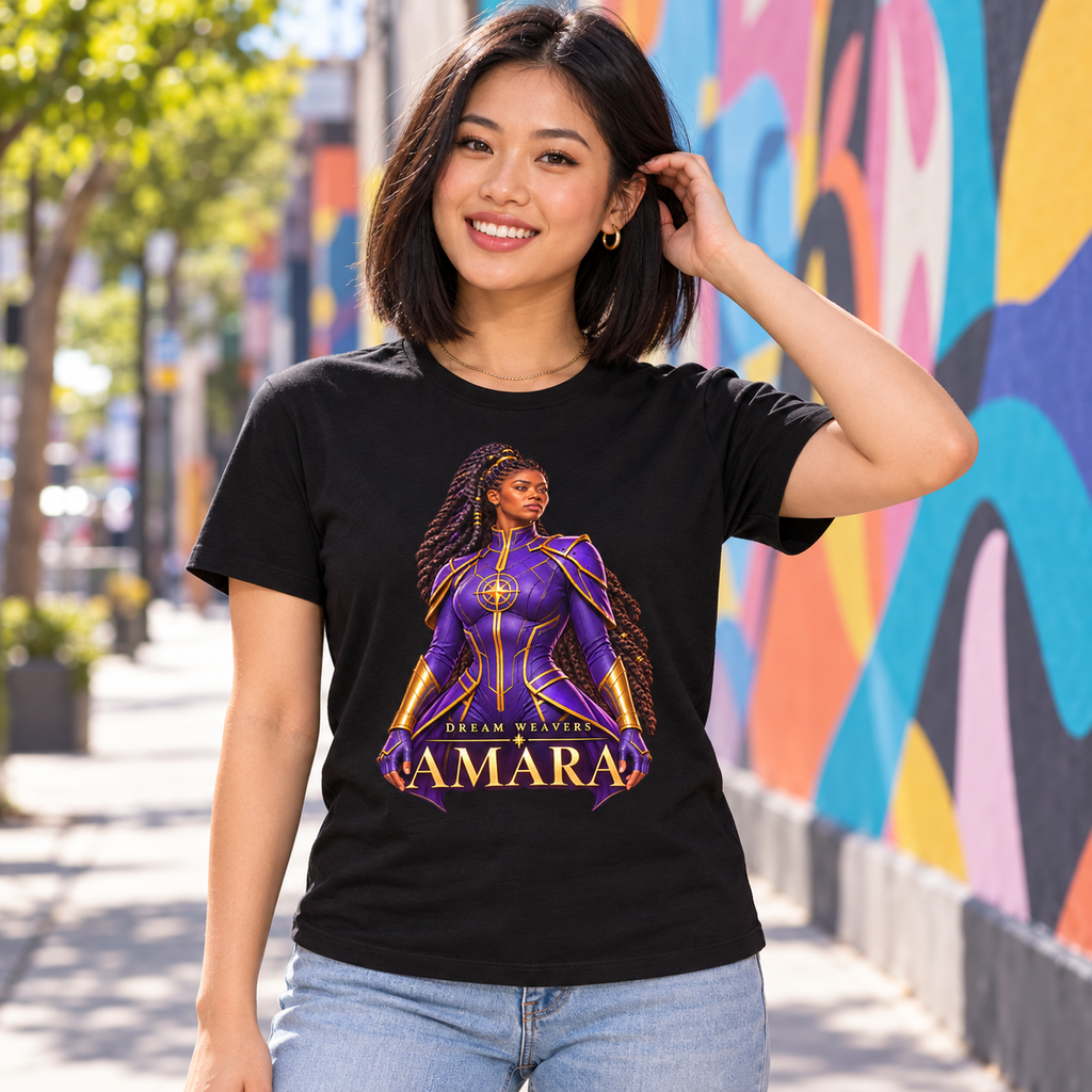 Young woman wearing the black Amara Dream Weavers graphic tee in front of a colorful mural
