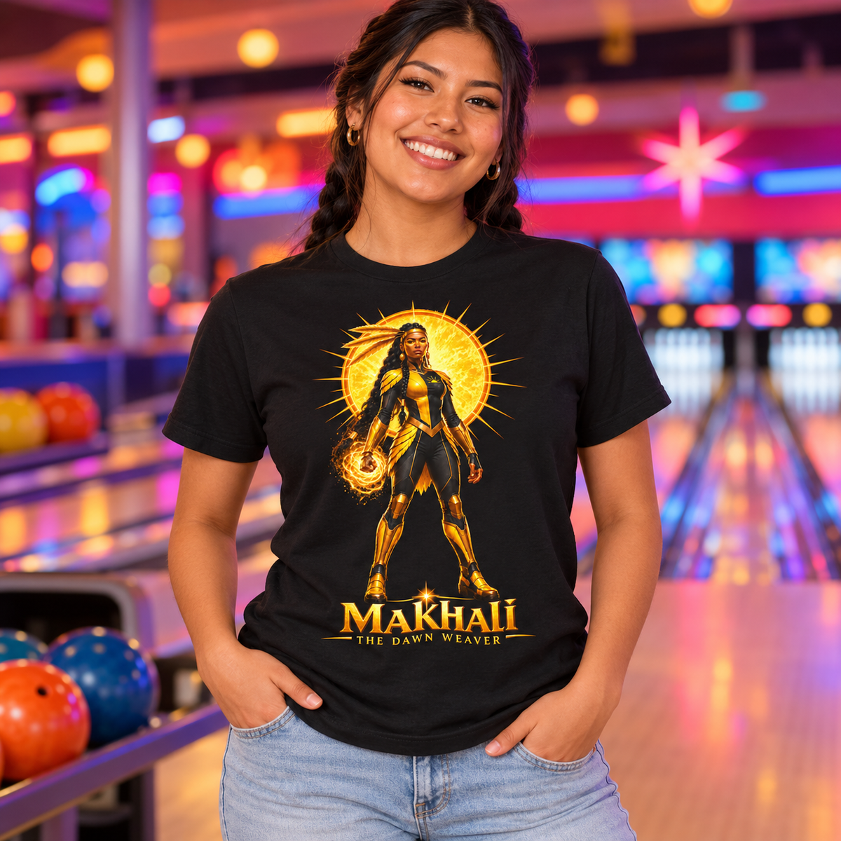 Young woman wearing the black Makhali Dream Weavers graphic tee at a neon bowling alley