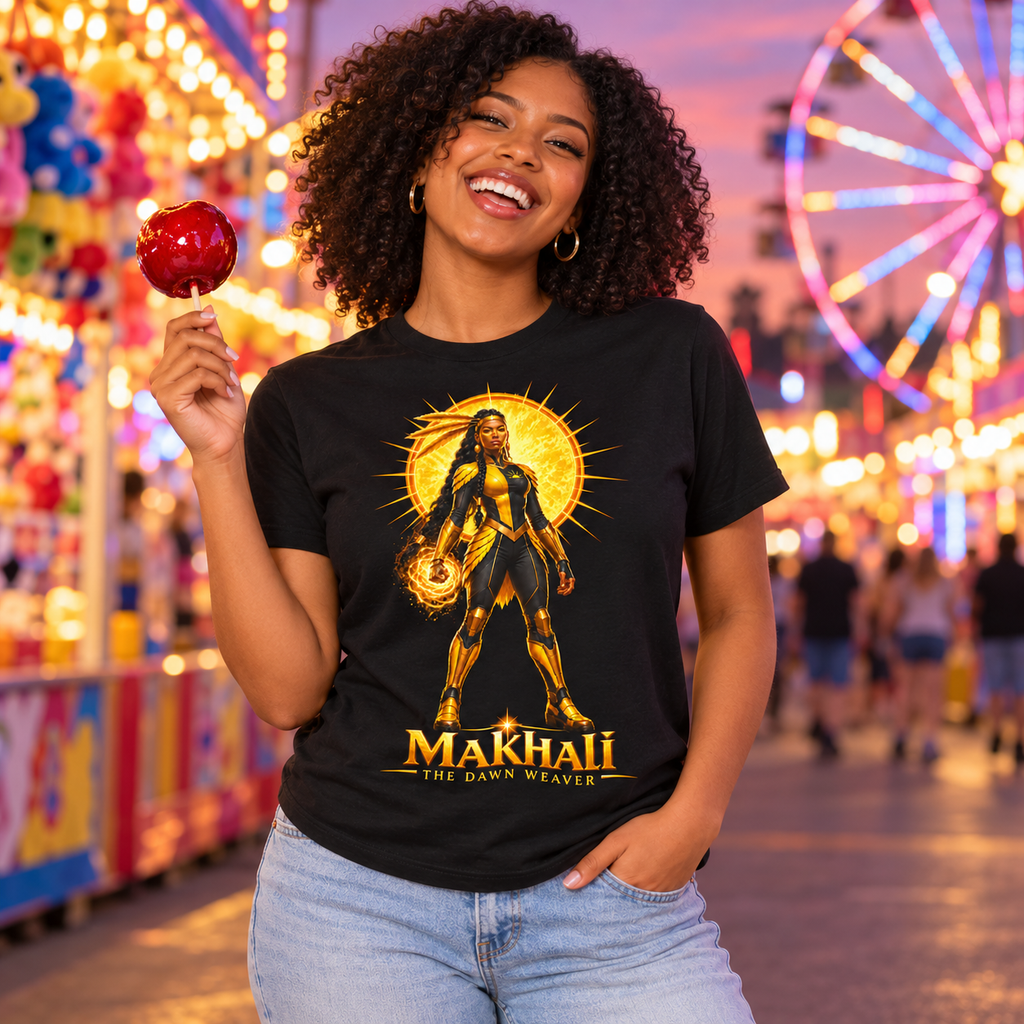 Young woman laughing in the black Makhali Dream Weavers graphic tee at a state fair at dusk