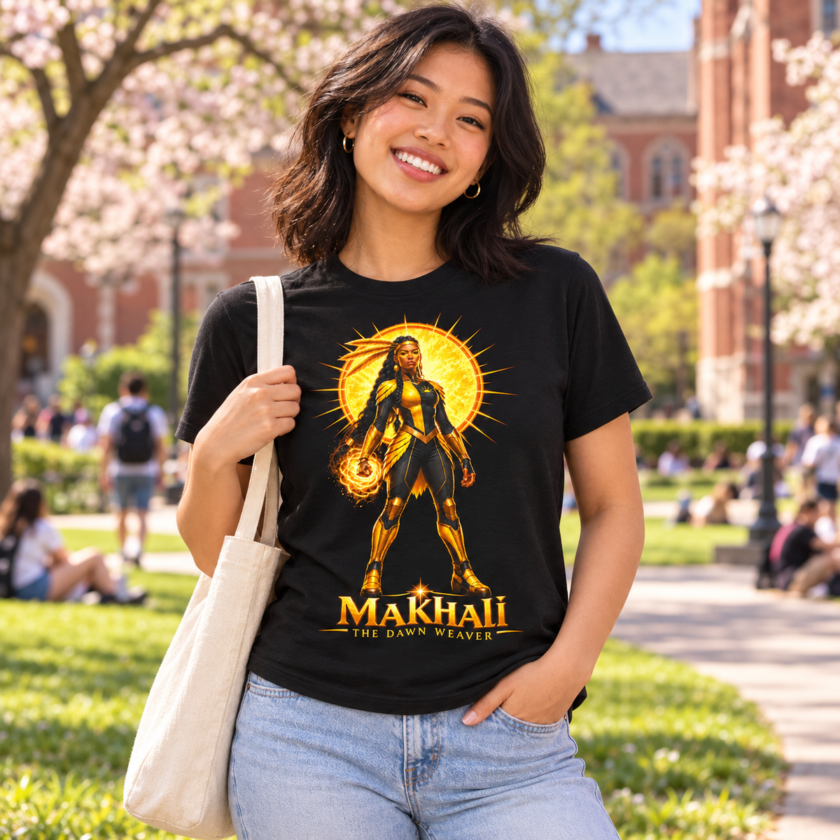 Young woman wearing the black Makhali Dream Weavers graphic tee on a spring college campus