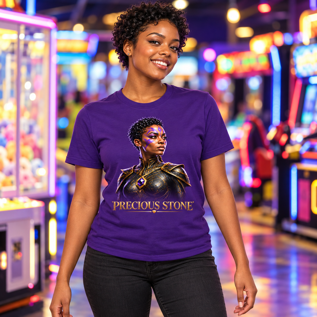 Precious Stone Dream Weavers graphic tee in Team Purple, worn at an arcade