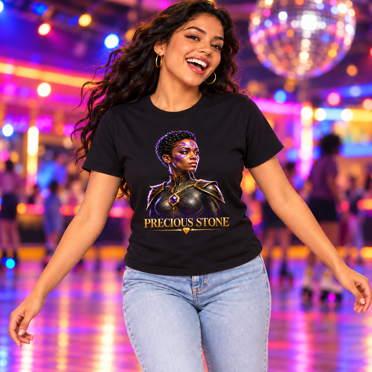 Precious Stone Dream Weavers graphic tee in black, worn at a roller rink