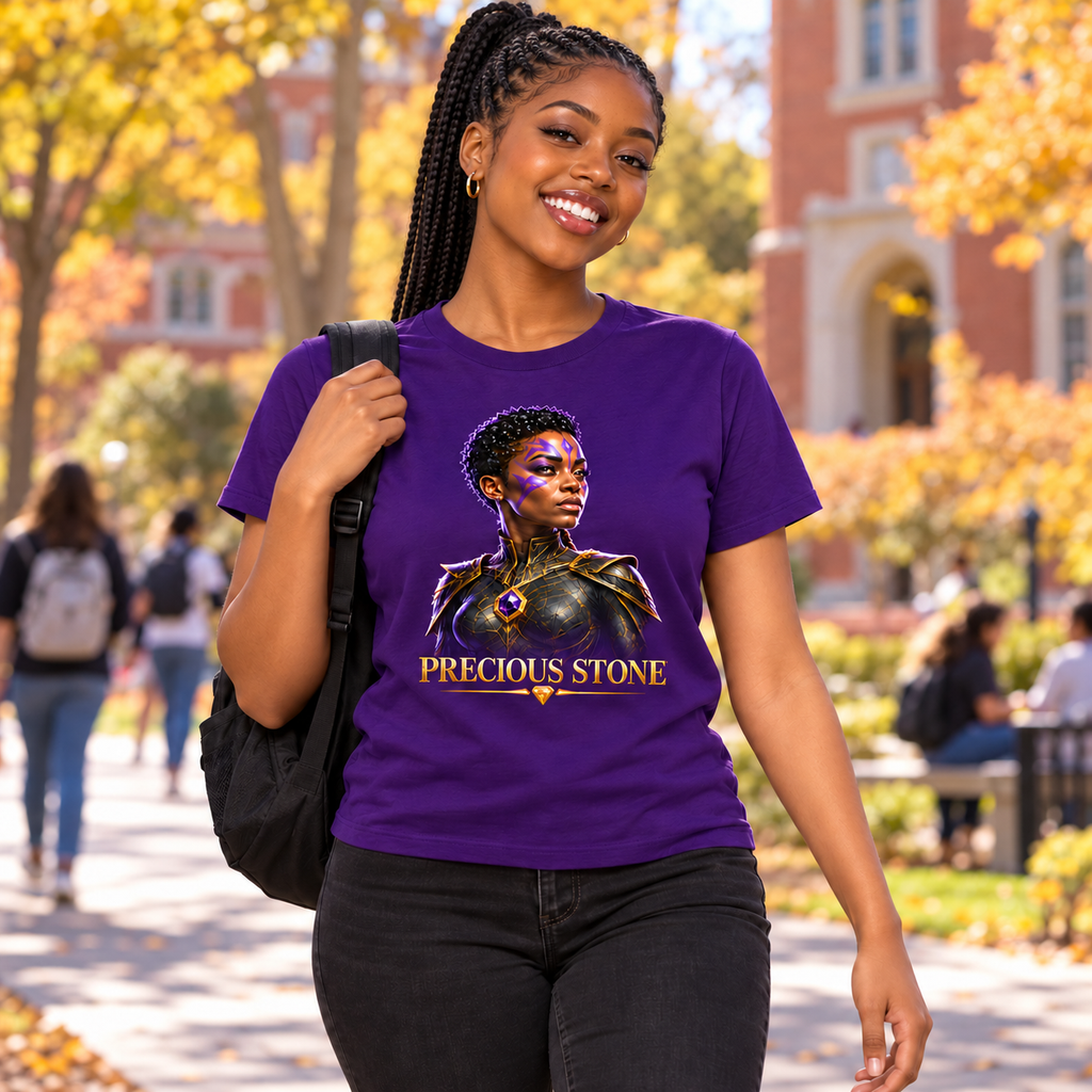 Precious Stone Dream Weavers graphic tee in Team Purple, worn on a college campus