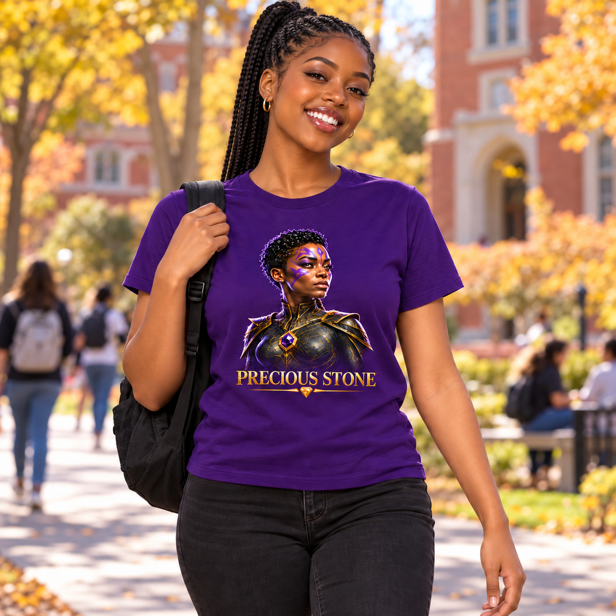 Precious Stone Dream Weavers graphic tee in Team Purple, worn on a college campus