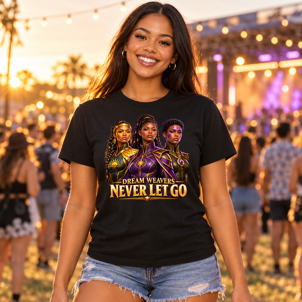 Never Let Go Dream Weavers trio graphic tee in black, worn at a summer music festival
