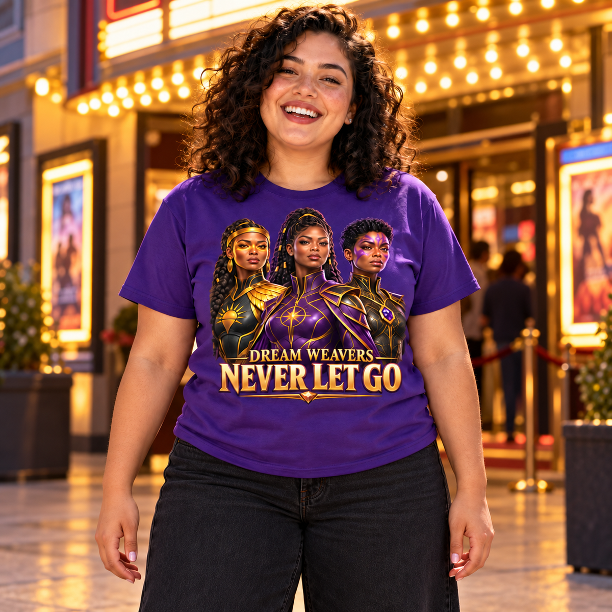 Never Let Go Dream Weavers trio graphic tee in Team Purple, worn outside a movie theater